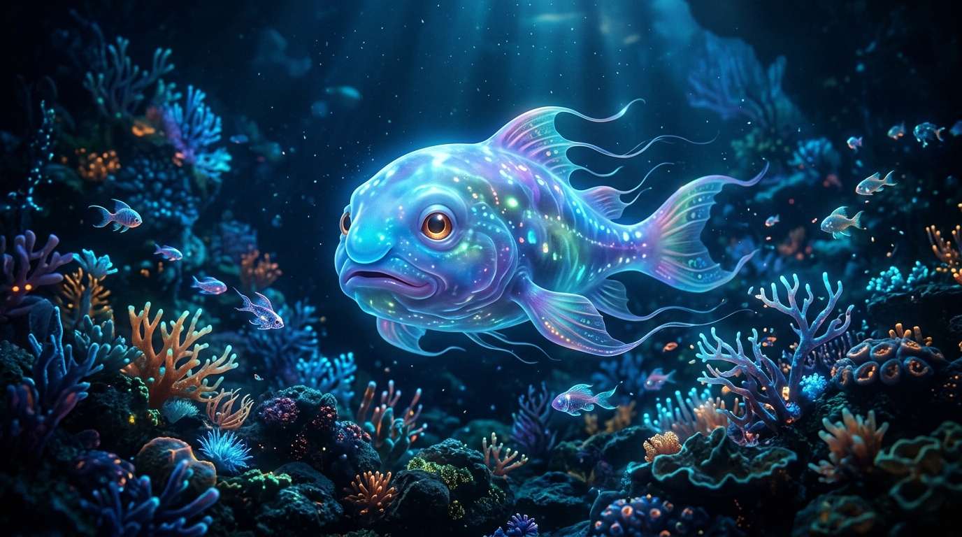 A luminous, colorful fish swims through a vibrant coral reef, illuminated by rays of light filtering from above in a serene underwater scene.