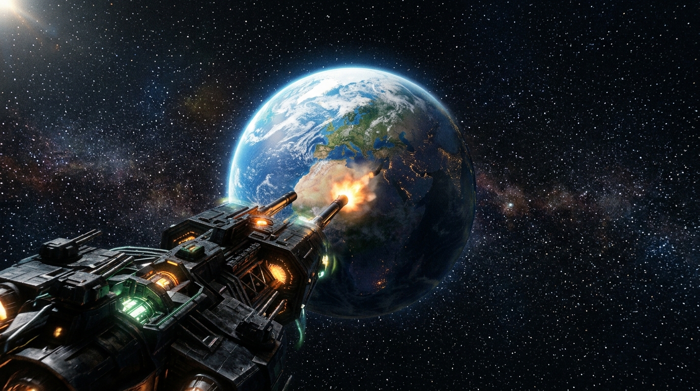 Alien ship attacking the surface of the earth