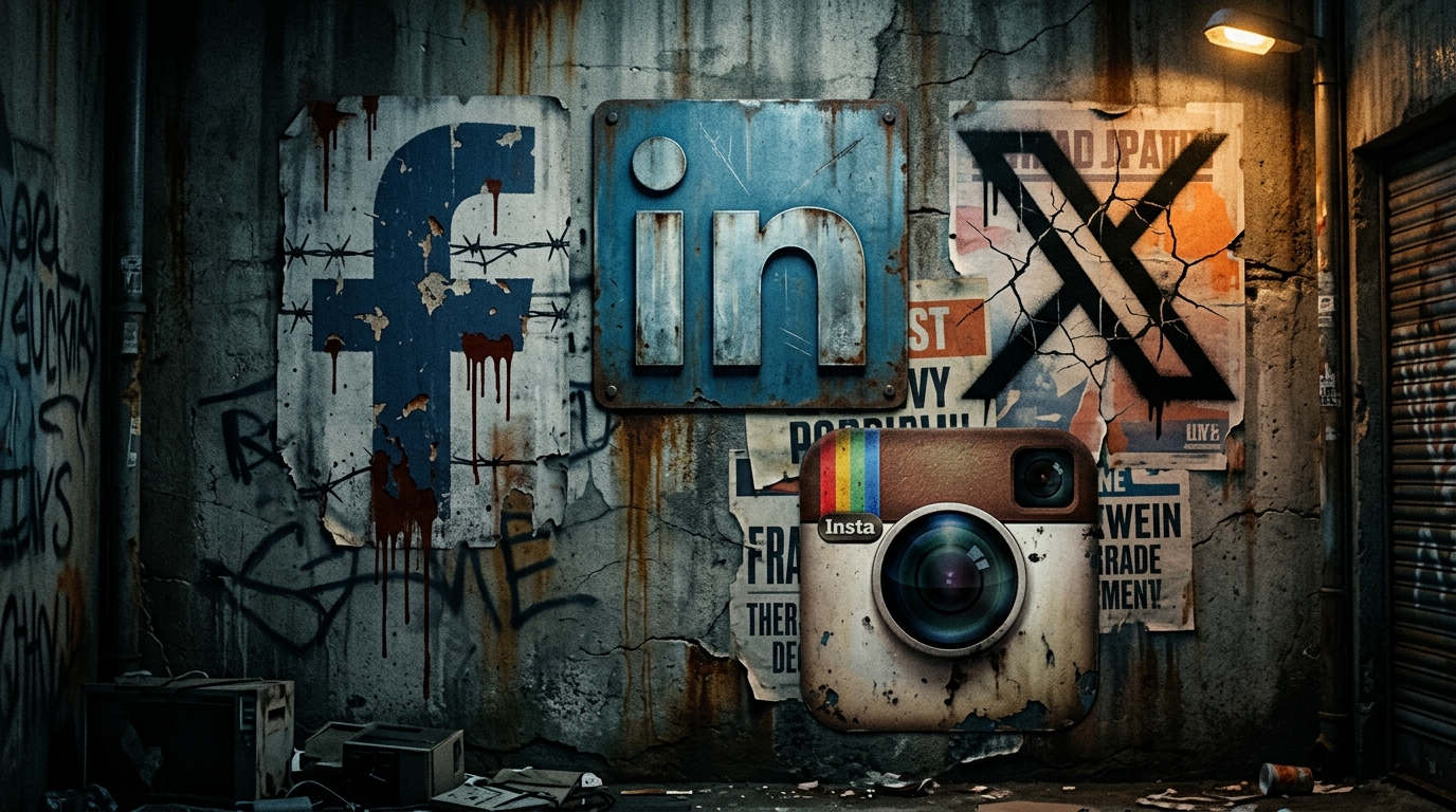 Graffiti-style art featuring logos of Facebook, LinkedIn, X, and Instagram on a grungy urban wall, with dim street lighting.