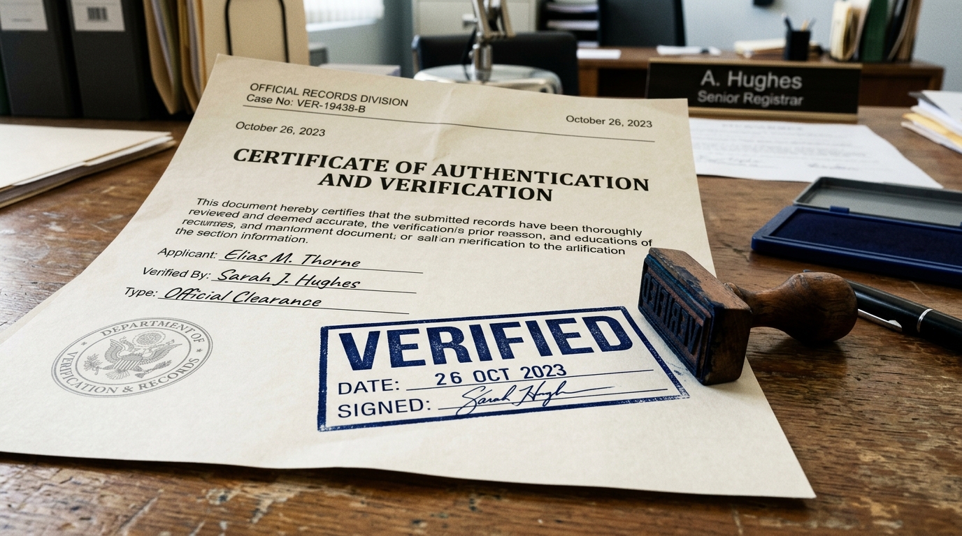 Certificate of authentication and verification stamped "VERIFIED" on a desk with a stamp and a nameplate reading "A. Hughes, Senior Registrar."