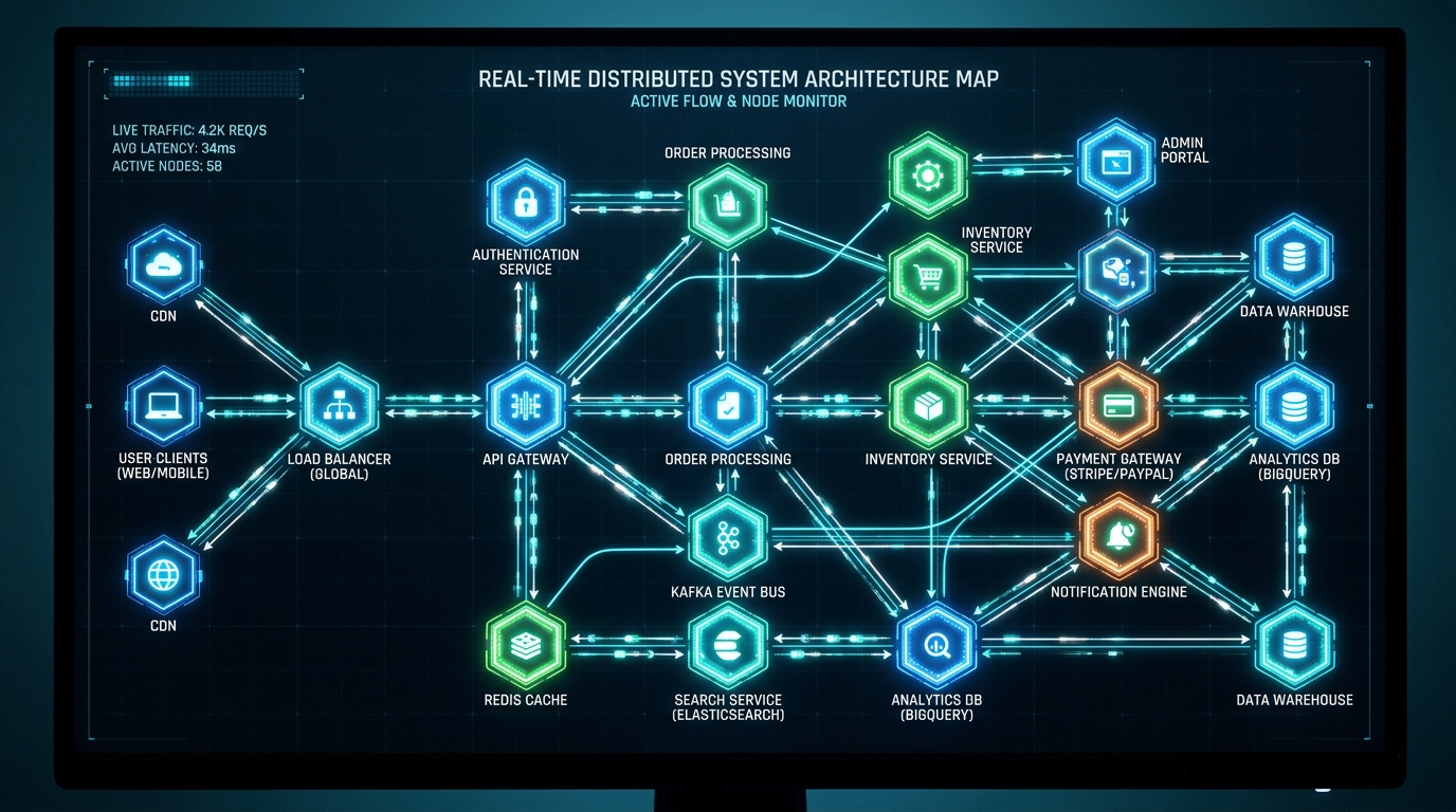 Diagram of a real-time distributed system architecture showing nodes and connections for services like authentication, order processing, and data warehouse.