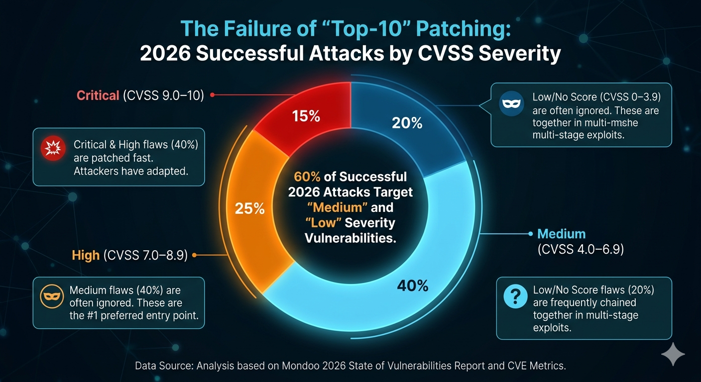 The Failure of the "Top-10" Patching Strategy (CVSS Blind Spot) 2026 successful cyber attack data by severity