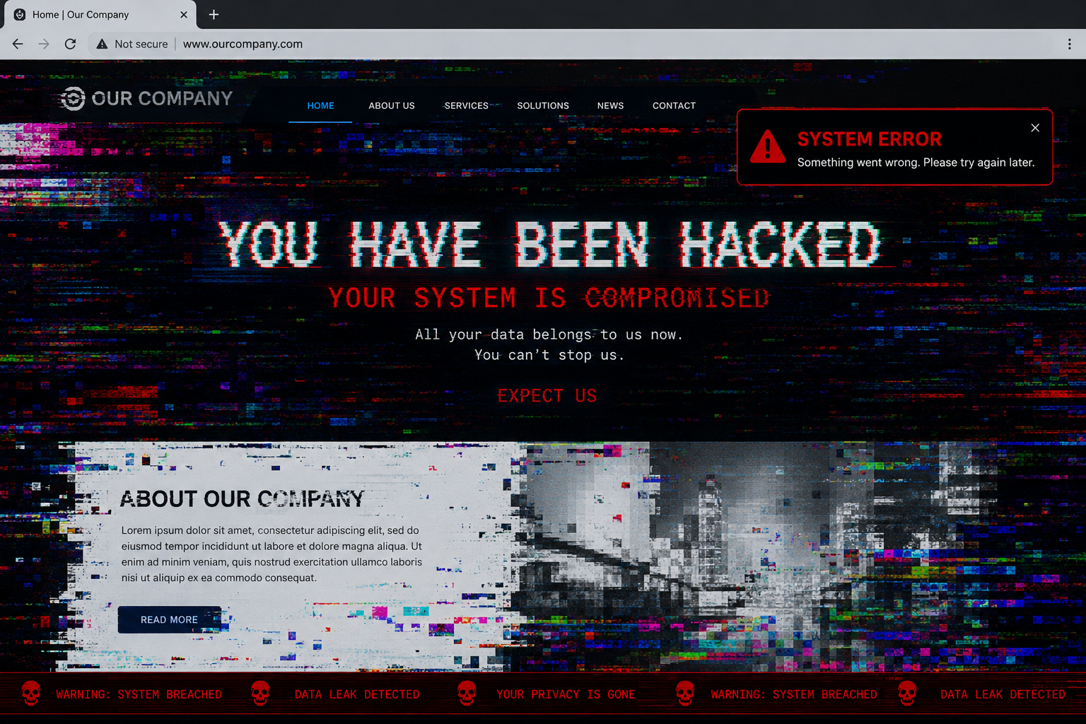 Website hacked message with glitch effects, red warnings, and system error alert.