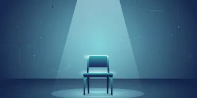 A single empty wooden desk chair positioned at the center of a vast open floor plan office, lit by one overhead beam of natural light, everything else in shadow. Clean, minimal, architectural.