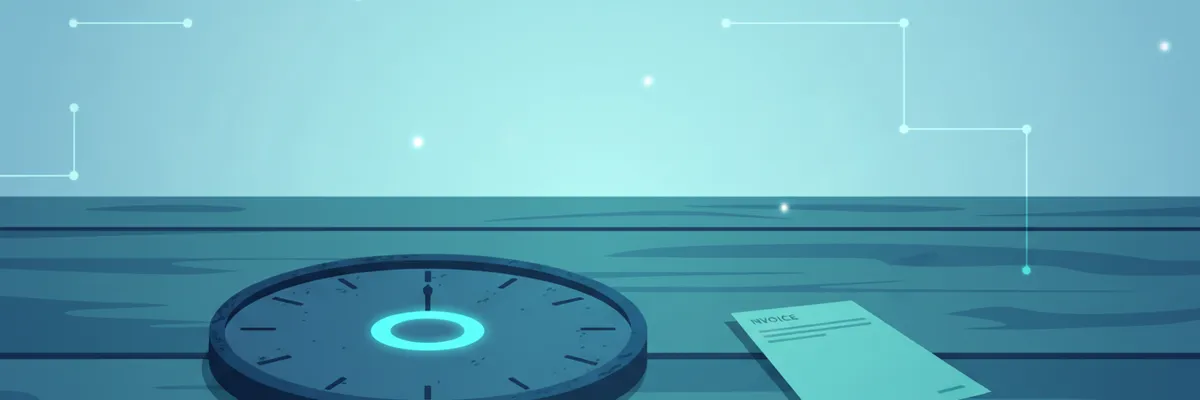 A weathered analog clock face lying flat on a wooden surface, its hands removed, with a single folded invoice resting beside it. Soft directional light from one side. Muted tones.