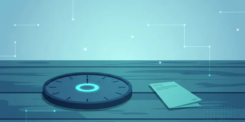 A weathered analog clock face lying flat on a wooden surface, its hands removed, with a single folded invoice resting beside it. Soft directional light from one side. Muted tones.