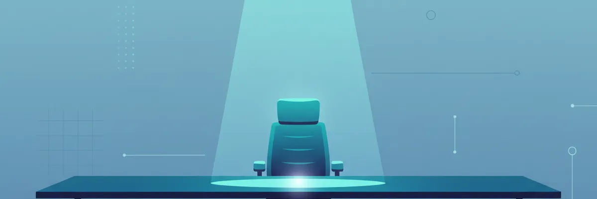 A single executive chair at the head of a long boardroom table, partially lit by a narrow beam of light from above, the rest of the room in shadow. No people, no text, no faces.
