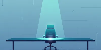 A single executive chair at the head of a long boardroom table, partially lit by a narrow beam of light from above, the rest of the room in shadow. No people, no text, no faces.