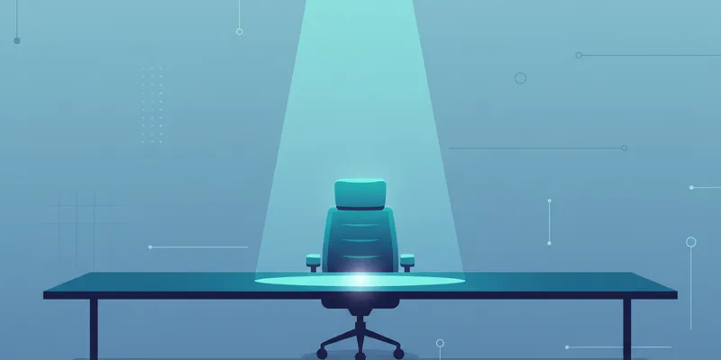 A single executive chair at the head of a long boardroom table, partially lit by a narrow beam of light from above, the rest of the room in shadow. No people, no text, no faces.