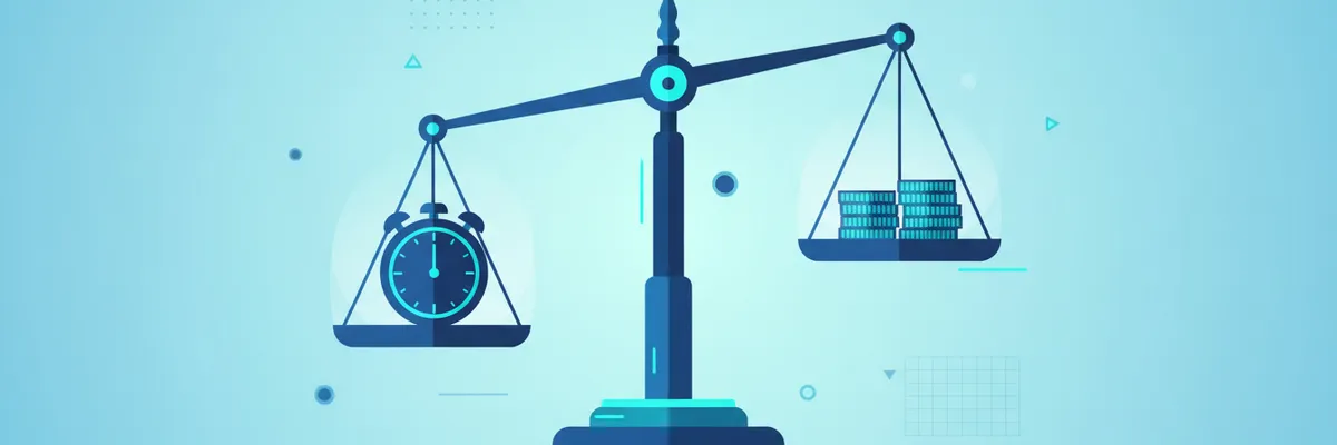 A single old-fashioned brass balance scale sitting on a dark wooden surface, photographed from slightly above. One side holds a small clock, the other holds a stack of gold coins. Soft directional light. No people, no text.