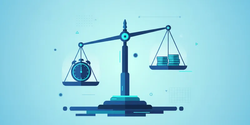 A single old-fashioned brass balance scale sitting on a dark wooden surface, photographed from slightly above. One side holds a small clock, the other holds a stack of gold coins. Soft directional light. No people, no text.