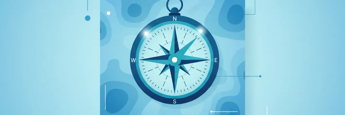 A single large compass resting on an unmarked topographic map, shot from directly above in flat, cool light. No people, no text, no labels on the map.