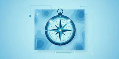 A single large compass resting on an unmarked topographic map, shot from directly above in flat, cool light. No people, no text, no labels on the map.