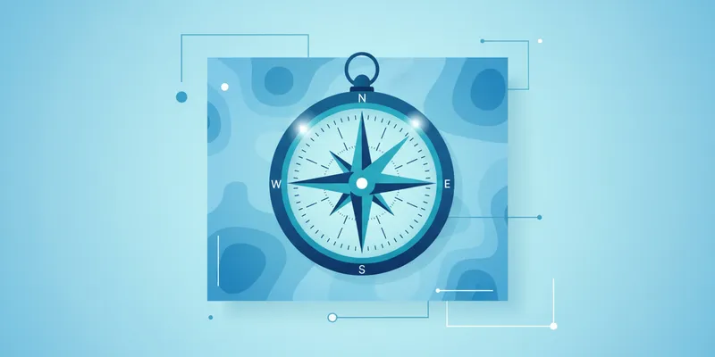 A single large compass resting on an unmarked topographic map, shot from directly above in flat, cool light. No people, no text, no labels on the map.