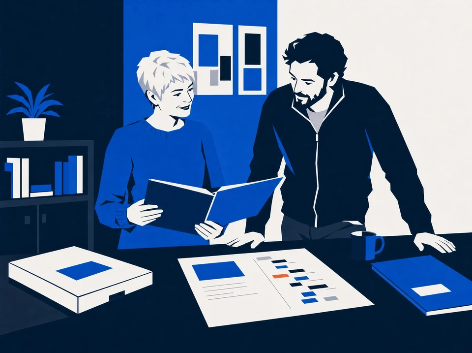 Illustration of an owner and client lead reviewing a folder and follow-up plan.