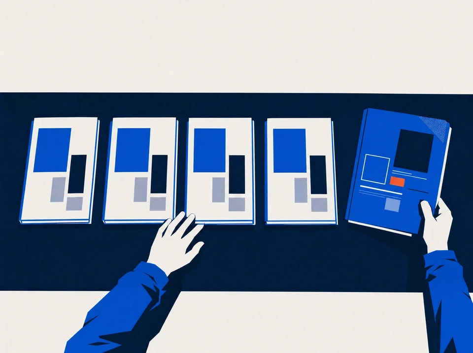 Illustration of hands comparing four service packets with a custom project folder.