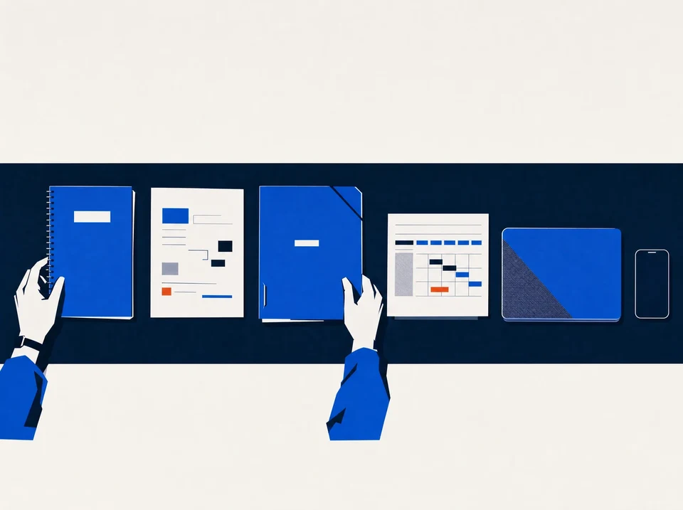 Illustration of an operating notebook beside a billing folder and schedule.