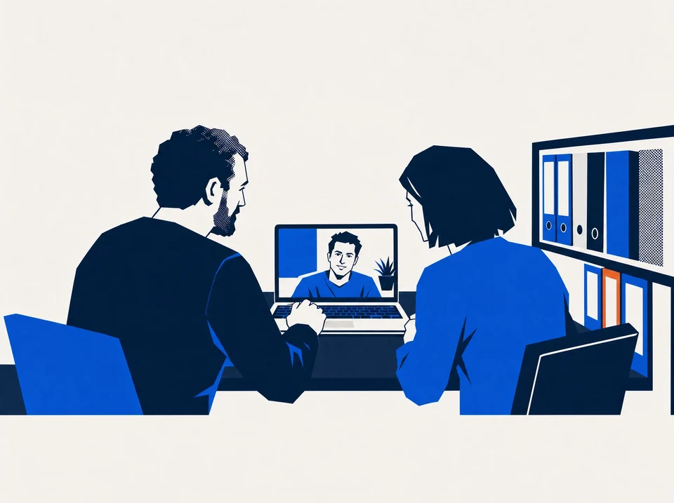 Illustration of colleagues speaking with a remote peer beside a shelf of methods binders.