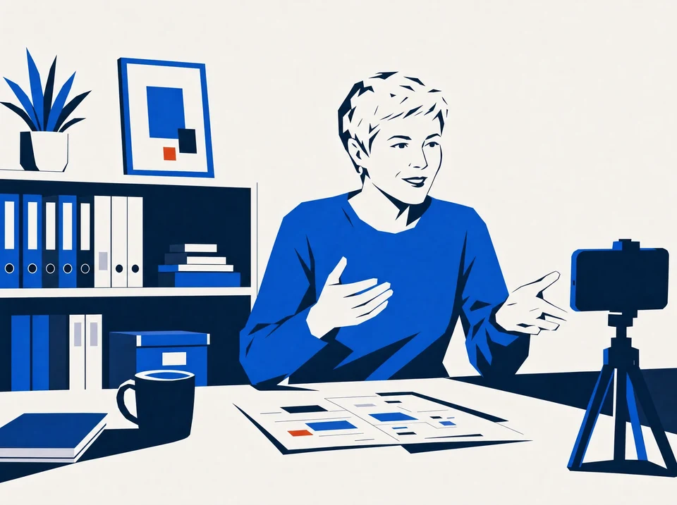 Illustration of a practitioner teaching on camera beside an archive of source binders.