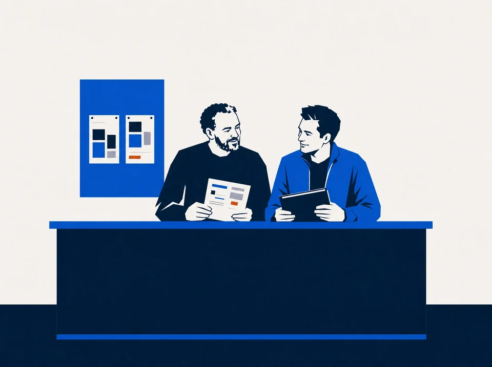 Illustration of project partners comparing a success sheet and project folder.