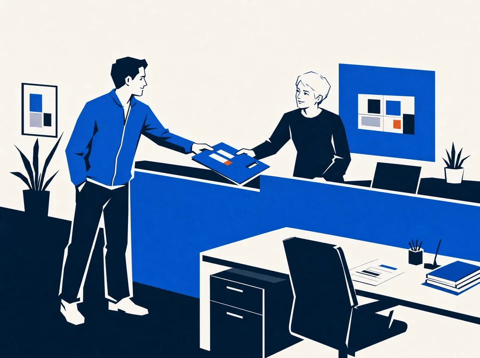 Illustration of colleagues passing a project folder across a studio divider.
