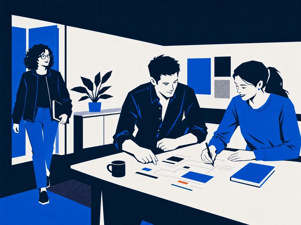 Illustration of an owner leaving two team leads working independently.