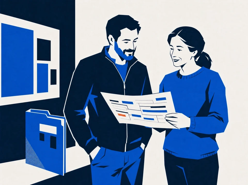 Illustration of sales and marketing colleagues reviewing one client schedule.