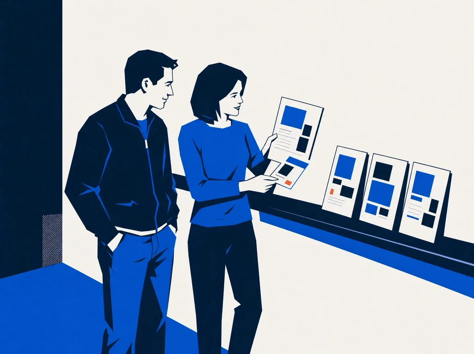 Illustration of two operators comparing client needs with service options on a shelf.