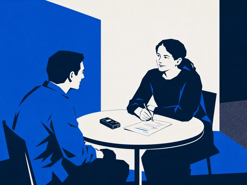 Illustration of a researcher listening and taking notes beside a recorder.