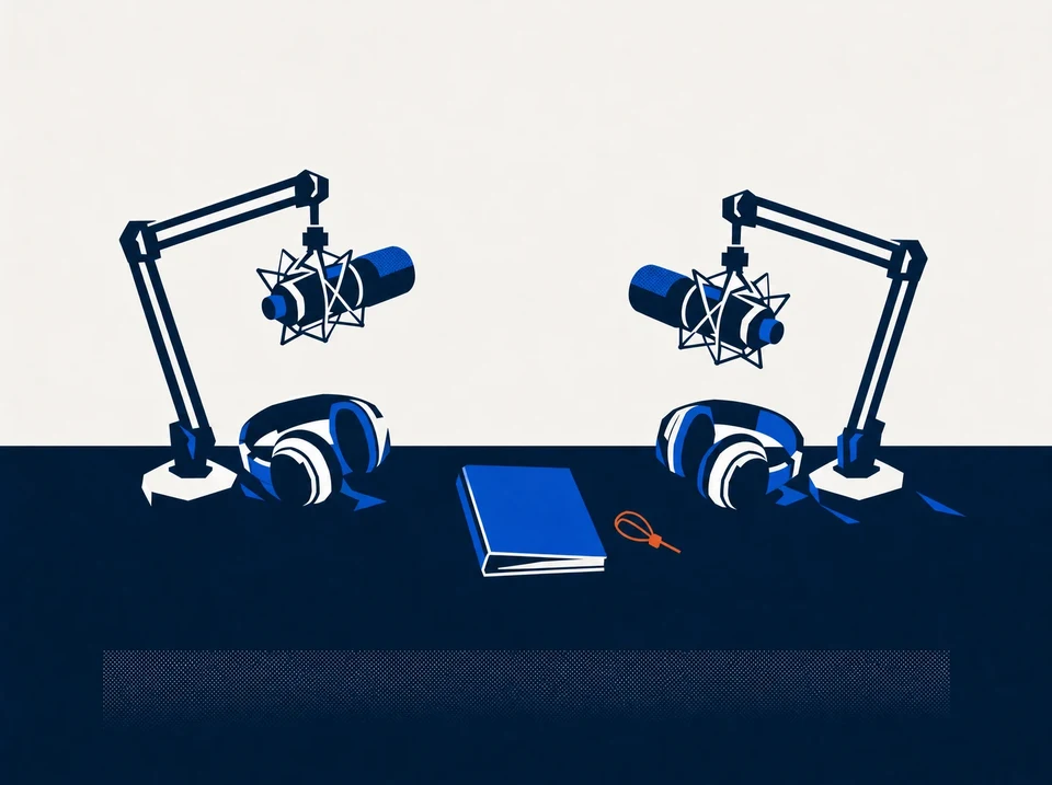 Illustration of two podcast microphones and headphones on a studio table.