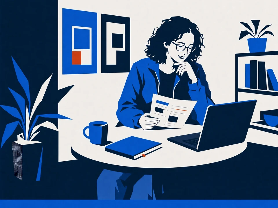 Illustration of an owner considering an advisory brief beside a laptop.