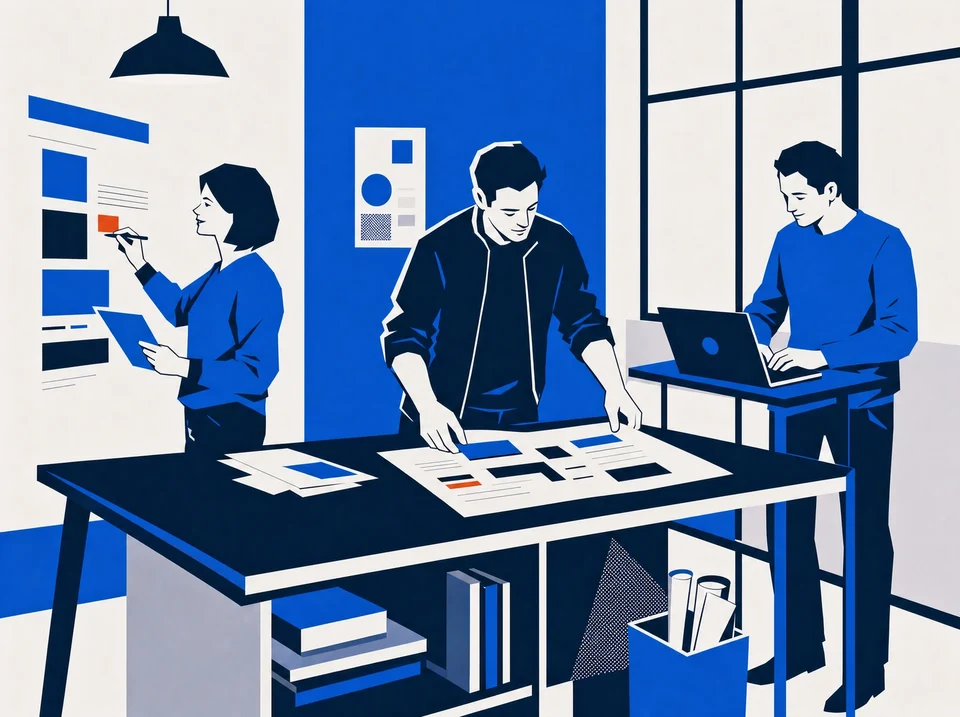 Illustration of three colleagues working at separate stations in an agency studio.