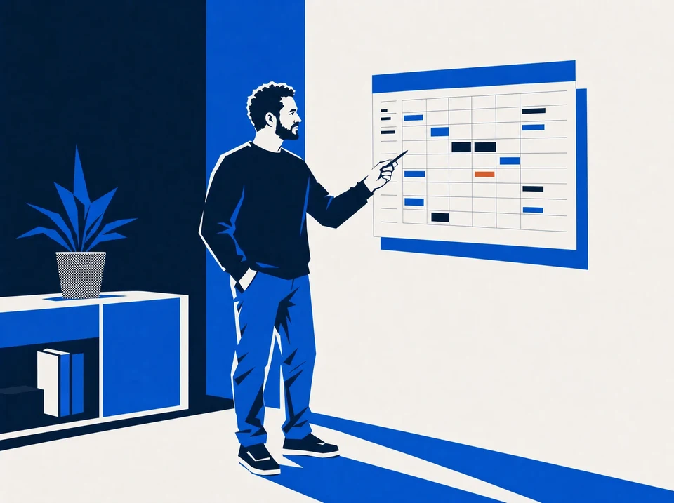 Illustration of an owner checking available capacity against a wall schedule.