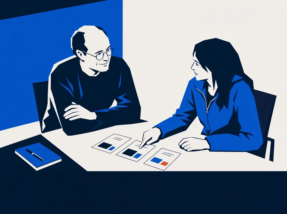 Illustration of a participant comparing three story cards while a researcher listens.