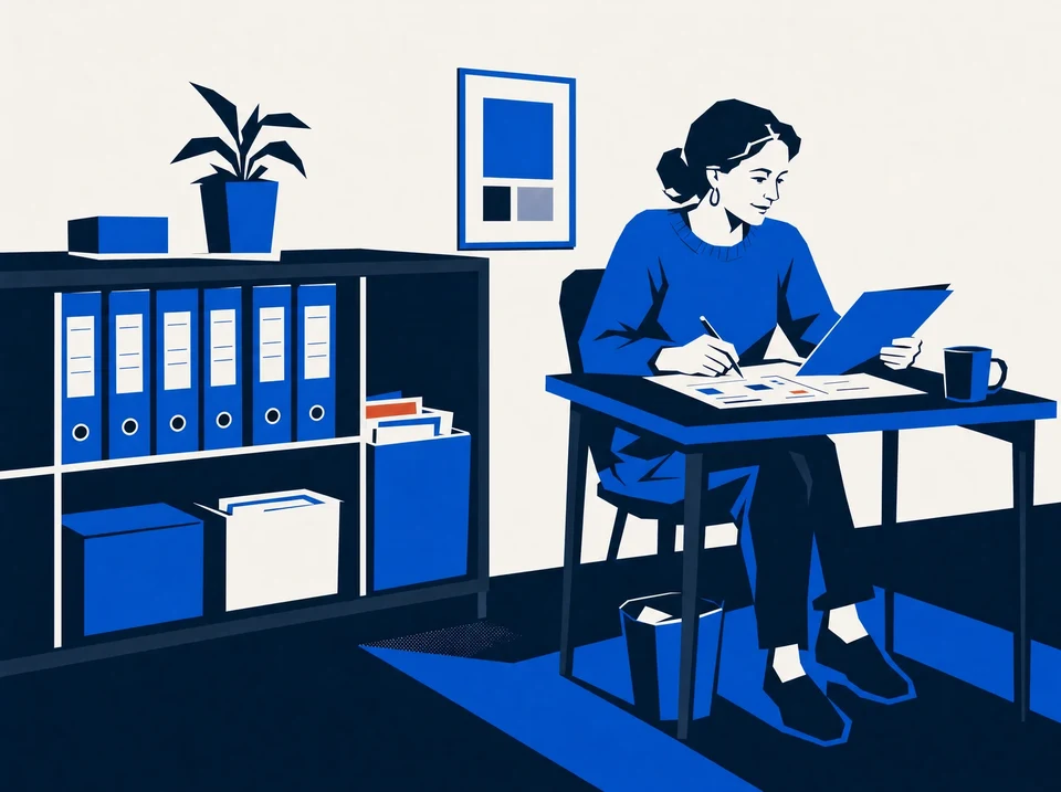 Illustration of an owner testing a new market folder beside established client records.