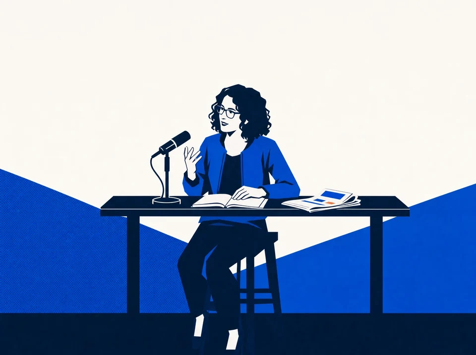 Illustration of a presenter speaking into a microphone beside a source notebook and script.