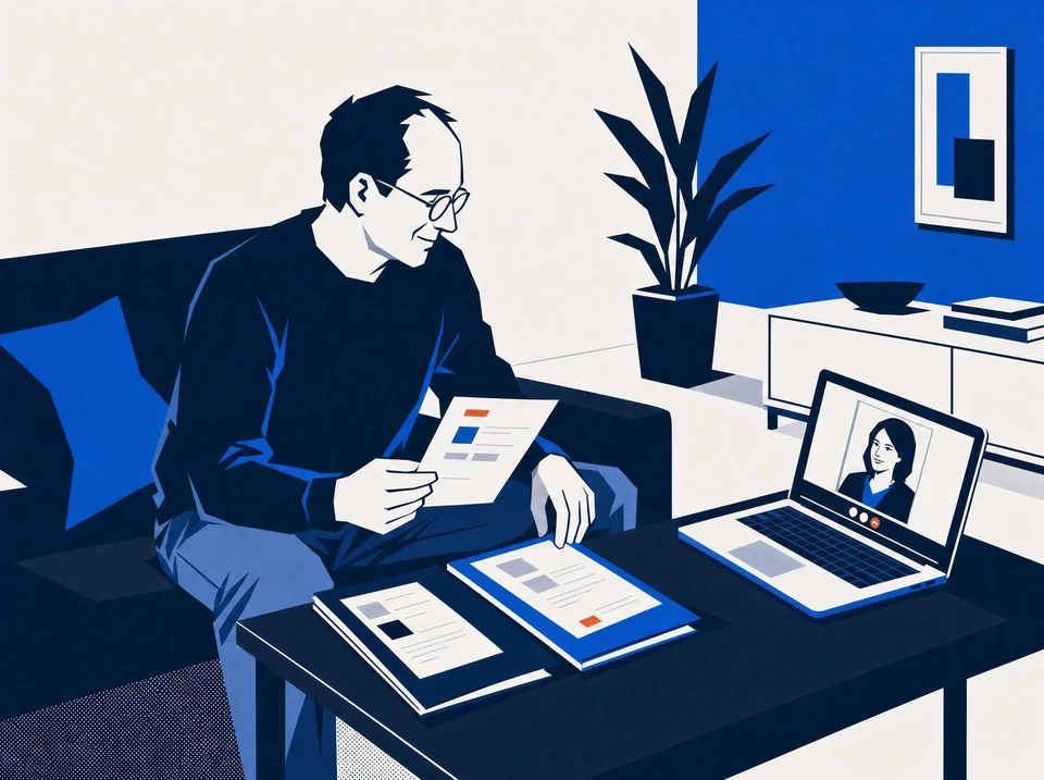 Illustration of an owner considering advisor options during a laptop call.