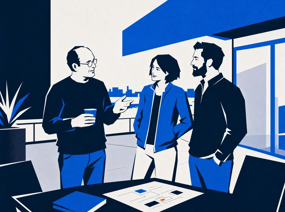 Illustration of three agency founders talking on a terrace.