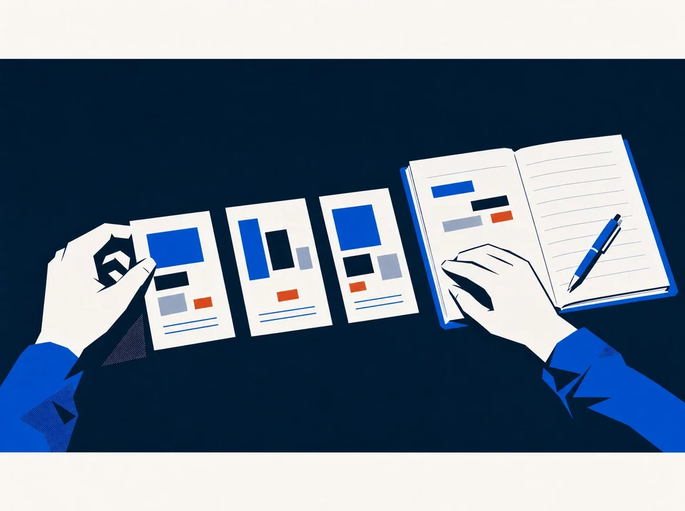 Illustration of an operator comparing a sequence of task cards with a notebook.