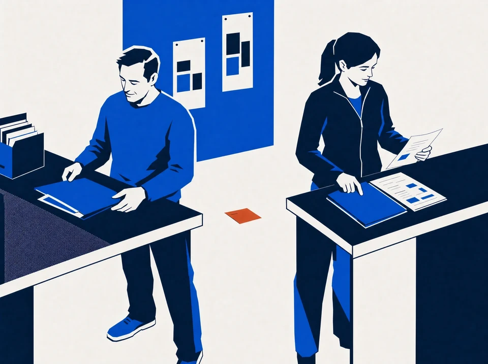 Illustration of colleagues checking vendor records and invoices at separate workstations.