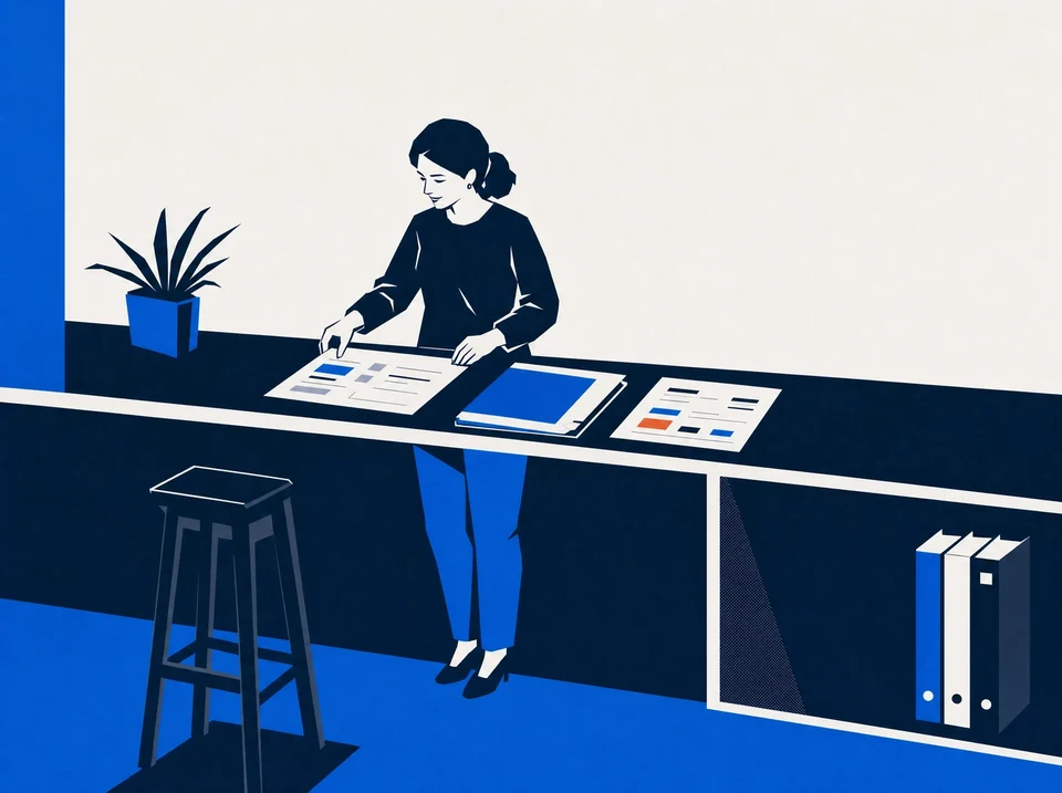Illustration of a writer comparing three groups of source materials at a long bench.