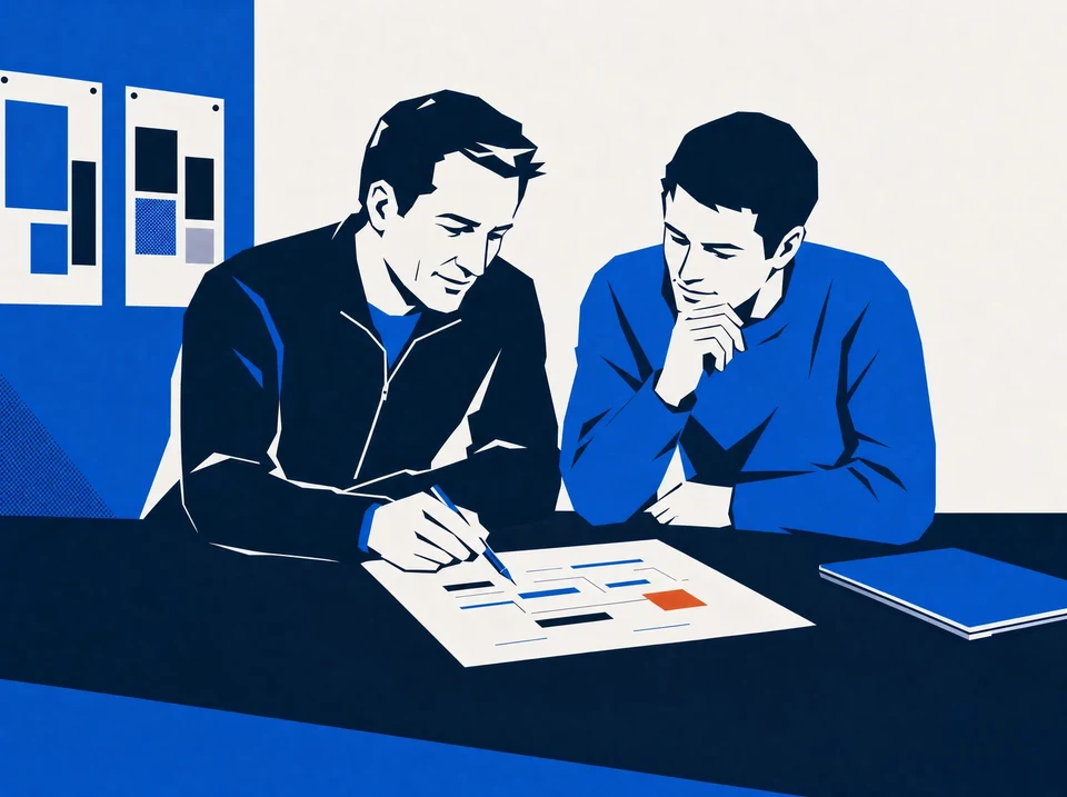 Illustration of an advisor and an agency owner reviewing a printed proposal together.
