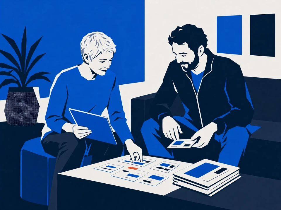 Illustration of a client and delivery lead comparing scope and responsibility cards.