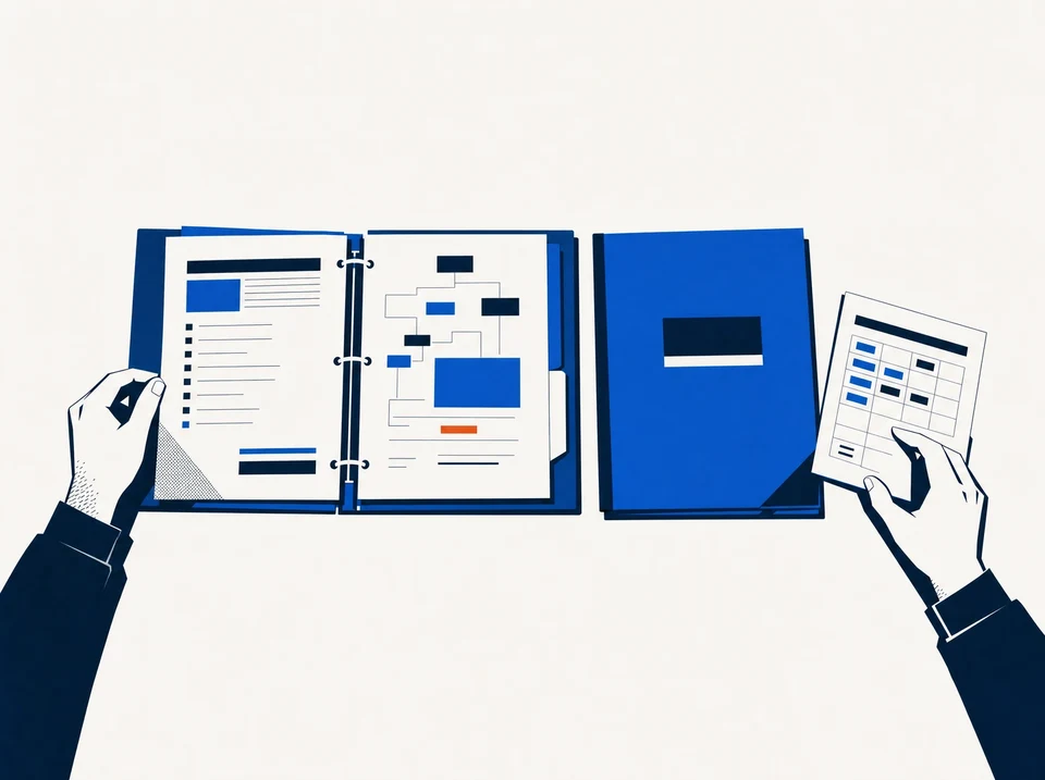 Illustration of a documented method beside a project folder and hours worksheet.