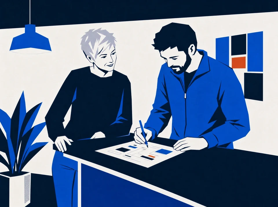 Illustration of two colleagues testing a worksheet at a standing counter.