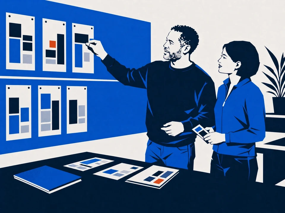 Illustration of colleagues comparing a direction sheet with a wall schedule.
