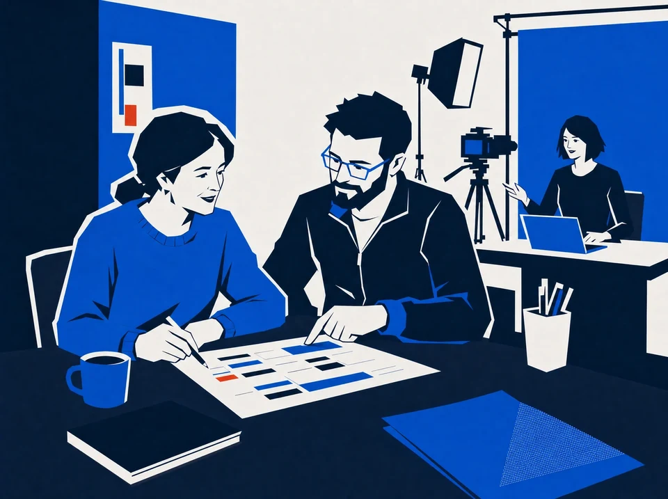 Illustration of colleagues coordinating client work while another records educational content.