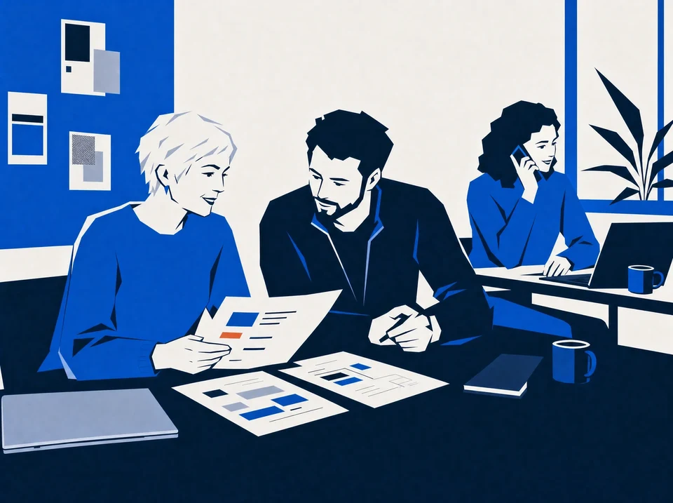 Illustration of colleagues checking facts and a draft while another handles a call.
