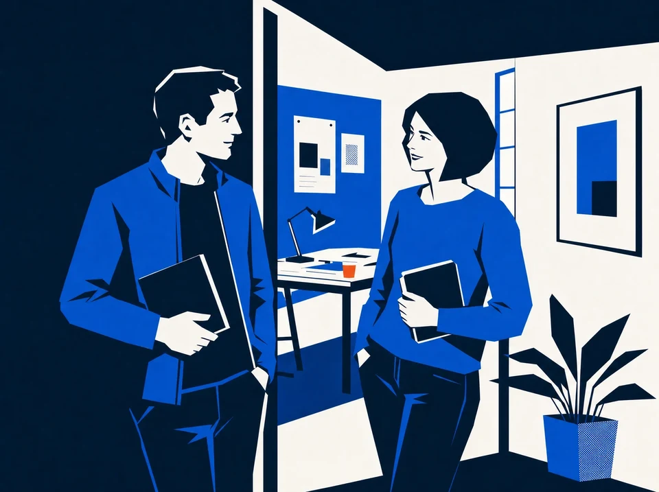 Illustration of two colleagues talking in a studio doorway with closed notebooks.