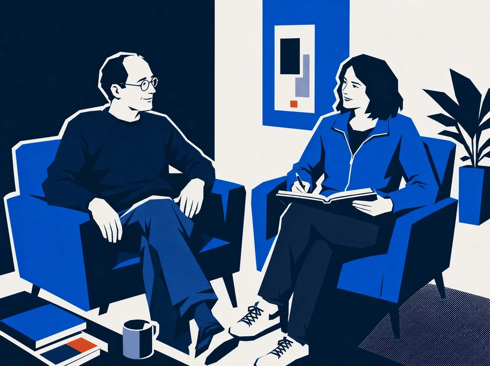 Illustration of two experienced colleagues discussing an open notebook.
